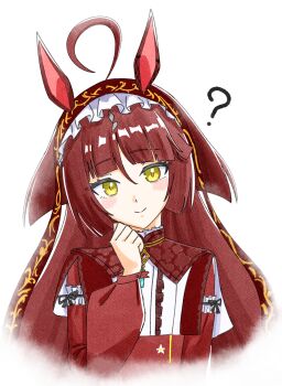 1girl ? absurdres ahoge animal_ears benjamin_(user_cajx4852) blunt_bangs blush breasts brown_hair closed_mouth hair_between_eyes hair_ornament highres horse_ears horse_girl long_hair looking_at_viewer portrait red_desire_(umamusume) small_breasts smile umamusume white_background yellow_eyes