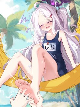 1girl 1other :d ^_^ absurdres ahoge arms_at_sides artist_name banbanban_li bare_legs barefoot beach black_one-piece_swimsuit blue_archive blue_sky blurry blurry_background blush character_name chinese_commentary clenched_hands closed_eyes commentary_request day demon_girl demon_horns eyelashes facing_viewer fang feet flat_chest foot_out_of_frame forehead furrowed_brow hair_ornament hair_over_shoulder hairclip halo hammock highres hina_(blue_archive) hina_(swimsuit)_(blue_archive) holding_another's_foot horns knees_up laughing legs long_hair nose_blush official_alternate_costume on_hammock one-piece_swimsuit one_side_up open_mouth outdoors palm_tree parallel_hairclips parted_bangs pov pov_hands purple_halo saliva school_swimsuit sitting skin_fang sky smile soles squiggle stifled_laugh sweatdrop swimsuit tearing_up thighs tickling tickling_feet toes tree twitching variant_set very_long_hair wet whistle whistle_around_neck white_hair