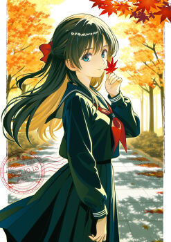 1girl autumn_leaves black_hair black_serafuku black_skirt blue_eyes breasts bush closed_mouth dated from_side hair_ribbon leaf long_hair looking_at_viewer maple_leaf maple_tree medium_breasts original park red_ribbon ribbon school_uniform serafuku sidewalk skirt smile solo stone_walkway takeda_eka tree
