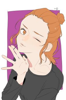 1girl alternate_hairstyle black_shirt brown_eyes brown_hair collarbone duck_face eyelashes hair_tied hair_tied_back highres jujutsu_kaisen kineggg kugisaki_nobara long_sleeves looking_at_viewer nail_(hardware) one_eye_closed shirt three-quarter_sleeves solo wink