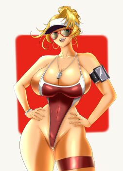 Rule 34 | 1girl, absurdres, action taimanin, alternate costume, alternate hairstyle, beach, blonde hair, breasts, breasts squeezed together, cameltoe, censored, cleavage, corpa, curvy, day, drawfag, earrings, emily simmons, glasses, hair bun, hands on own hips, high ponytail, highleg, highleg one-piece swimsuit, highres, hoop earrings, huge breasts, jewelry, lifeguard, long hair, official alternate costume, one-piece swimsuit, partially visible vulva, ponytail, red one-piece swimsuit, simple background, smile, solo, source request, standing, sunglasses, sweat, swimsuit, taimanin (series), taimanin rpgx, tan, thong one-piece swimsuit, v, wet, wide hips