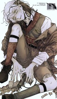 Rule 34 | 1other, asymmetrical legwear, black shoes, brown hair, brown jacket, brown shorts, colored tips, eyewear on head, foot out of frame, glasses, green socks, green vest, gun, gyujik qzc, highres, jacket, knee up, legwear garter, medicine pocket, medicine pocket (the cosmos photographer), mismatched legwear, multicolored hair, off shoulder, official alternate costume, on ground, red socks, reverse:1999, shirt, shoes, shorts, sitting, socks, solo, striped clothes, striped jacket, tilted headwear, vertical-striped clothes, vertical-striped jacket, vest, weapon, white background, white hair, white shirt, yellow eyes