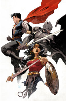 1girl 2boys absurdres armband armor armored_dress bare_shoulders batman batman_(series) belt black_armor black_boots black_bracer black_cape black_hair black_mask black_pants black_shirt blue_skirt blue_vest boots bracer breasts cape collared_vest dan_mora dc_comics dress earrings eyelashes facing_away floating_cape floating_hair gloves gold_belt gold_bracer gold_earrings gold_tiara grey_eyes grey_gloves highres holding holding_shield holding_sword holding_weapon jewelry long_hair looking_ahead looking_to_the_side looking_up mask mature_female mature_male multiple_boys pants pauldrons red_armband red_cape red_dress red_lips shield shirt short_hair shoulder_armor signature simple_background skirt striped_clothes striped_dress striped_shirt striped_vest superman superman_(series) sword tiara vertical-striped_clothes vertical-striped_vest vest waistband weapon white_background white_shirt wonder_woman wonder_woman_(series)