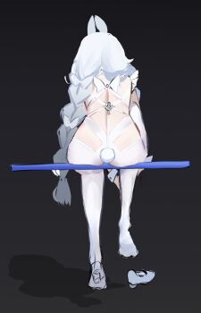 1girl animal_ears argusrho_01 ass azur_lane black_background braid fake_animal_ears highres le_malin_(azur_lane) le_malin_(listless_lapin)_(azur_lane) long_hair pantyhose playboy_bunny rabbit_ears rabbit_tail single_braid sitting solo tail twintails white_hair white_pantyhose white_wrist_cuffs wrist_cuffs