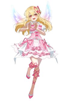 1girl :d absurdres aikatsu! aikatsu!_(series) blonde_hair bow commentary dress frilled_dress frills full_body hair_ribbon harbet heart heart_hands highres hoshimiya_ichigo long_hair looking_at_viewer open_mouth pink_bow pink_dress pink_shoes rainbow_wings red_eyes ribbon shoes simple_background smile solo standing standing_on_one_leg symbol-only_commentary white_background wings