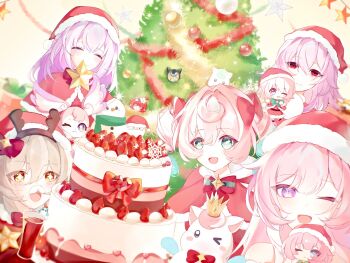 >_o +_+ 5girls aqua_hair cake castorice_(honkai:_star_rail) character_doll christmas christmas_cake christmas_tree commentary_request cyrene_(demiurge)_(honkai:_star_rail) cyrene_(honkai:_star_rail) cyrene_(philia093)_(honkai:_star_rail) diamond-shaped_pupils diamond_(shape) doll evernight_(honkai:_star_rail) food grey_hair hat highres honkai:_star_rail honkai_(series) hyacine_(honkai:_star_rail) little_ica_(honkai:_star_rail) long_hair march_7th_(honkai:_star_rail) mem_(honkai:_star_rail) multiple_girls one_eye_closed pink_hair pointy_ears purple_eyes purple_hair red_eyes red_hat santa_hat smile stelle_(honkai:_star_rail) symbol-shaped_pupils tansanlemon100 trailblazer_(honkai:_star_rail) tribbie_(honkai:_star_rail) very_long_hair
