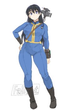 1girl arato_nagi black_boots black_hair blue_eyes blue_jumpsuit blush boots breasts fallout groin hammer highres jumpsuit large_breasts long_hair pip_boy ruri_no_houseki solo vault_suit yellow_trim zekkyon