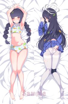 1girl absurdres ahoge animal_ear_hairband animal_ears armpits arms_up ass bare_legs barefoot bikini black_hair blue_archive blue_shirt blue_skirt blunt_bangs blush braid braided_twintails closed_mouth clothes_lift commentary_request crotch_seam dakimakura_(medium) dot_nose embarrassed fake_animal_ears feet full_body furrowed_brow grey_halo hair_ornament hairband half-closed_eyes halo heart heart_panties heart_print highres kneepits leaf leaf_hair_ornament leaf_on_head leaf_print loli long_hair long_sleeves looking_at_viewer lying miyu_(blue_archive) miyu_(swimsuit)_(blue_archive) multiple_views navel neck_ribbon no_shoes on_back on_bed on_stomach open_mouth panties panties_under_pantyhose pantyhose parted_lips pleated_skirt print_bikini print_panties rabbit_ears red_eyes ribbon sailor_collar sharu06051 shirt skirt skirt_lift soles stomach sweatdrop swimsuit thighband_pantyhose thighs toes torn_clothes torn_pantyhose twin_braids underwear very_long_hair wavy_mouth white_bikini white_hairband white_panties white_pantyhose white_ribbon white_sailor_collar