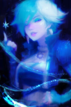 1girl alex_chow blue_eyeshadow blue_hair crop_top cropped_jacket cryokinesis earrings eyeshadow fingerless_gloves gloves half-closed_eyes hand_on_own_hip hand_up highres index_finger_raised jewelry light_smile lipstick looking_at_viewer luna_snow makeup marvel marvel_rivals painterly parted_lips red_lips short_hair snow snowflakes solo triangle_earrings upper_body