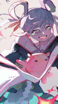 1girl :d absurdres backlighting bare_shoulders beon black_kimono blue_eyes cho_kaguya-hime! commentary_request cowboy_shot grey_background hair_ornament hair_rings hair_stick highres japanese_clothes kimono long_hair looking_at_viewer octopus open_mouth runami_yachiyo smile solo sparkle tears twintails white_hair