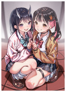 2girls aoki_ruri black_hair blush bow bowtie brown_eyes cardigan choker commentary_request dragon_horns earrings fangs full_body hair_ornament hairclip highres horns index_finger_raised jewelry kashiro_airi kink_(tortoiseshell) kneeling loafers long_hair looking_at_viewer loose_socks miniskirt multicolored_hair multiple_girls open_mouth pink_eyes pink_hair ruridragon school_uniform shoes skindentation skirt smile socks squatting stud_earrings sweat teeth thigh_strap thighs twintails two-tone_hair