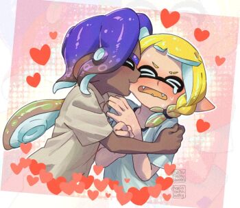 &gt;_&lt; 1boy 1girl ariamikukanzaki biting biting_cheek blonde_hair blue_hair blush braid closed_eyes commentary dark-skinned_male dark_skin english_commentary eyebrow_cut fangs heart hetero hirooooo_(splatoon) inkling interracial nintendo octoling pointy_ears shirt side_braid signature splatoon_(series) splatoon_3 sweat t-shirt tears tentacle_hair veronika_(splatoon) very_dark_skin white_shirt zoom_layer