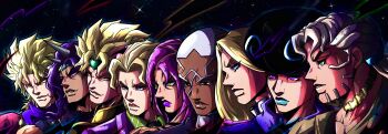 6+boys absurdres acca_howler araki_hirohiko_(style) battle_tendency beard black_eyes black_necktie blonde_hair blue_eyes blue_lips brown_shirt buzz_cut closed_mouth coat collared_shirt colored_eyelashes commentary dark-skinned_male dark_skin diamond_wa_kudakenai diavolo dio_brando earrings english_commentary enrico_pucci facial_hair fangs frown funny_valentine green_eyes green_headband green_shirt grey_hair grin group_picture headband highres horns in-franchise_crossover jacket jewelry jojo_no_kimyou_na_bouken jojolion kars_(jojo) kira_yoshikage long_hair makeup male_focus messy_hair multiple_boys necklace necktie noonvincent parted_lips phantom_blood pink_coat pink_hair ponytail purple_eyes purple_hair purple_jacket purple_lips purple_scarf purple_shirt red_shirt scarf serious shirt short_hair sky smile star_(sky) stardust_crusaders starry_sky steel_ball_run stone_ocean striped_clothes striped_shirt teeth the_jojolands time_paradox tooru_(jojolion) vampire vento_aureo very_short_hair white_eyelashes white_hair yellow_eyes