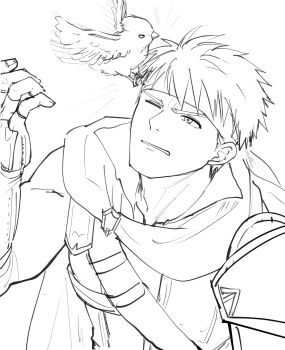1boy absurdres animal bird cape commentary_request fire_emblem fire_emblem:_radiant_dawn highres ike_(fire_emblem) male_focus marukubi9595 monochrome nintendo one_eye_closed parted_lips short_hair sketch yune_(fire_emblem)