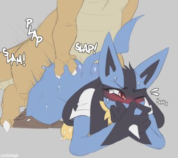ass ass_grab bad_tag blue_fur blush breasts cooliehigh dragonite female fur furry furry_with_furry gen_1_pokemon gen_4_pokemon hand_on_ass hetero highres huge_ass lucario male nintendo one_eye_closed pokemon pokemon_(creature) red_eyes sex