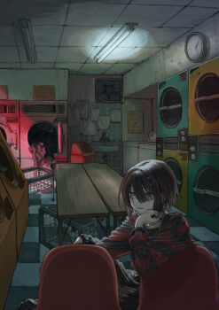 1boy arm_rest black_hair black_nails black_shirt black_shorts blue_eyes boots ceiling ceiling_light chair checkered_floor claw_ring clock closed_mouth fluorescent_lamp hair_between_eyes hand_up heterochromia indoors jacket knee_up koze_niire laundromat laundry_basket long_sleeves long_table looking_at_viewer male_focus mashiro_meme mashiro_meme_(3rd_costume) multicolored_hair nijisanji platform_boots platform_footwear red_hair red_shirt shirt short_hair shorts sitting smile solo streaked_hair striped_clothes striped_shirt table tile_ceiling tiles two-tone_shirt unworn_jacket virtual_youtuber wall_clock washing_machine wide_shot yellow_eyes