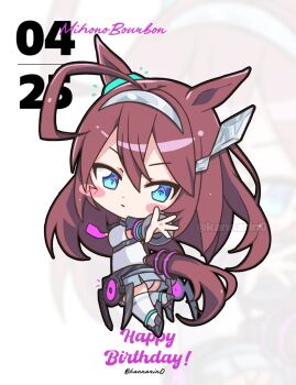 Rule 34 | 1girl, ahoge, animal ears, blue eyes, blush, blush stickers, breasts, brown hair, character name, chibi, closed mouth, detached sleeves, grey hairband, grey leotard, grey skirt, grey sleeves, hair between eyes, hairband, happy birthday, highleg, highleg leotard, highres, horse ears, horse girl, horse tail, kanntsukirin, leotard, long hair, lowleg, lowleg skirt, mihono bourbon (mb-19890425) (umamusume), mihono bourbon (umamusume), necktie, outstretched arm, pink necktie, silver hairband, skirt, solo, tail, thighhighs, umamusume, white leotard, white thighhighs, zoom layer