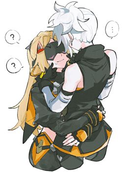 2girls arms_around_waist black_gloves blindfold blonde_hair cheek_pull closed_mouth commentary cowboy_shot english_commentary gloves hair_between_eyes long_hair looking_at_another multiple_girls parted_bangs rekka sidelocks simple_background smile soldier_11_(zenless_zone_zero) speech_bubble trigger_(zenless_zone_zero) white_background white_hair yuri zenless_zone_zero