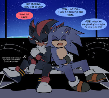 >_< 2boys alternate_universe annoyed bench black_fur black_shoes blue_fur chest_fur closed_eyes complaining earth_(planet) exhausted flying_sweatdrops furry furry_male gloves half-closed_eyes hashtag-only_commentary hedgehog_boy highres injection multiple_boys open_mouth pain planet quaverdraws red_eyes red_fur red_streaks serious shadow_the_hedgehog shoes side-by-side sitting sky sneakers socks sonic_(series) sonic_the_hedgehog space space_colony_ark star_(sky) starry_sky sweat sweatdrop white_fur white_gloves white_socks wince window