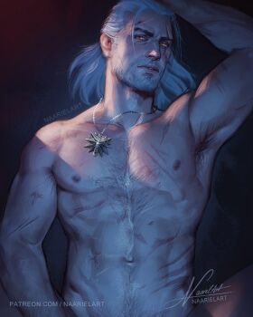 1boy artist_name geralt_of_rivia highres looking_at_viewer male_focus muscular muscular_male naariel_art navel patreon_username signature solo the_witcher_(series) the_witcher_3 topless_male upper_body watermark web_address white_hair witcher_medallion yellow_eyes