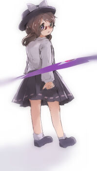 1girl aged_down black_skirt bobby_socks brown_eyes brown_hair fedora from_behind full_body gap_(touhou) glasses hat highres loafers long_sleeves looking_to_the_side low_twintails medium_hair shirt shoes shukinuko skirt socks touhou twintails usami_sumireko white_shirt