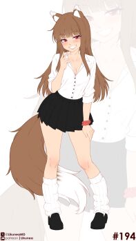 Rule 34 | 1girl, absurdres, animal ears, black shoes, black skirt, blush, breasts, brown hair, cleavage, collarbone, commentary, dress shirt, english commentary, fang, highres, holo, likunea, long hair, patreon logo, patreon username, red eyes, scrunchie, shirt, shoes, simple background, skirt, solo, spice and wolf, standing, tail, thighs, twitter username, twitter x logo, white shirt, wolf ears, wolf girl, wolf tail, zoom layer