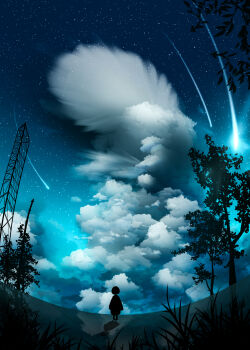 1girl absurdres cloud cloudy_sky commentary fisheye from_behind highres horizon meteor_shower night nor_ni original outdoors scenery silhouette sky sky_focus solo standing star_(sky) starry_sky tree
