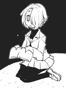 Rule 34 | 10s, 1girl, black background, black socks, dowman sayman, ear piercing, earrings, female focus, greyscale, hair over one eye, idolmaster, idolmaster cinderella girls, jacket, jewelry, kneehighs, kneeling, long sleeves, looking at viewer, monochrome, open mouth, pantyhose, parted lips, piercing, pleated skirt, school uniform, shirasaka koume, short hair, skirt, sleeves past wrists, socks, solo