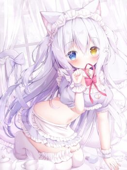 1girl animal_ears apron arm_support artist_name bell blue_eyes blush bow bow_legwear bowtie breasts cat_ears cat_tail cleavage cleavage_cutout clenched_hand closed_mouth clothing_cutout commentary_request crop_top cropped_shirt cup curtains dot_nose double-parted_bangs flower frilled_apron frilled_shirt frilled_skirt frilled_thighhighs frills full_body hair_between_eyes hair_bow hand_up heart_cutout heterochromia highres indoors kneeling large_breasts long_bangs long_hair long_sidelocks looking_at_viewer maid_headdress miniskirt navel neck_bell no_shoes original pearl_hair_ornament pink_bow pink_bowtie purple_bow purple_hair purple_shirt purple_skirt shirt short_sleeves sidelocks skirt smile solo stomach tail tail_bow tail_ornament teacup thighhighs very_long_hair waist_apron white_apron white_bow white_thighhighs window yellow_eyes yuduki_pdx