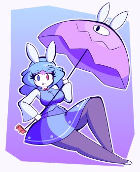 Rule 34 | 1girl, :p, absurdres, animal ears, blue eyes, blue hair, blush stickers, bow, bowtie, breasts, covered navel, curvy, eyebrows hidden by hair, eyelashes, fake animal ears, heterochromia, highres, holding, holding umbrella, karakasa obake, large breasts, long hair, looking at viewer, pantyhose, rabbit ears, red eyes, shirt, simple background, skirt, smile, solid oval eyes, tatara kogasa, thick thighs, thighs, tongue, tongue out, touhou, umbrella, vest, wide hips, wide sleeves, woah maaan