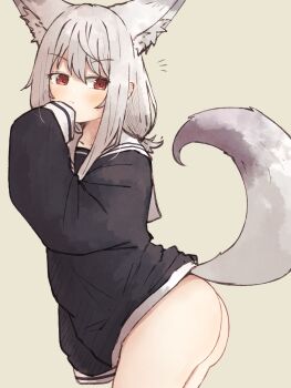 1girl animal_ears ass black_shirt bottomless closed_mouth commentary extra_ears fox_ears fox_girl fox_tail from_side grey_hair highres long_sleeves mayu_(meguru_1225) meguru_1225 naked_shirt original red_eyes sailor_collar sailor_shirt shirt simple_background sleeves_past_fingers sleeves_past_wrists solo tail white_sailor_collar yellow_background