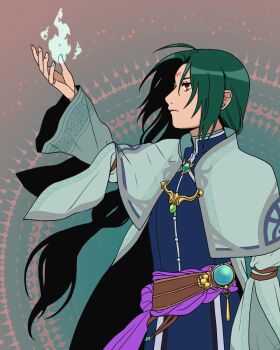 1boy alternate_hair_color capelet closed_mouth commentary facial_mark fire_emblem fire_emblem:_radiant_dawn forehead_mark green_hair highres illiaccrest long_hair male_focus nintendo official_alternate_costume red_eyes solo soren_(fire_emblem) soren_(radiant_confidant)_(fire_emblem)