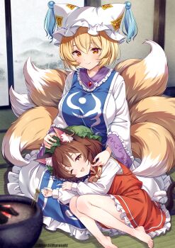 2girls animal_ear_fluff animal_ear_piercing animal_ears animal_hat barefoot blonde_hair blue_tabard blurry bow bowtie breasts brown_eyes brown_hair cat_ears cat_tail chen closed_mouth commentary_request depth_of_field earrings fingernails fox_tail frilled_skirt frills fusuma green_hat hat hibachi_(object) hibashi highres hoop_earrings indoors jewelry kitsune lap_pillow long_sleeves mandarin_collar mob_cap multiple_girls multiple_tails murasaki_atsushi nekomata one_eye_closed open_mouth red_skirt red_vest single_earring sitting skirt skirt_set sliding_doors smile tabard tail tatami touhou two_tails vest yakumo_ran yellow_bow yellow_bowtie yellow_eyes