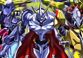 Rule 34 | armor, blue armor, blue background, blue eyes, blurry, blurry background, claw (weapon), commentary request, cowboy shot, cyborg, digimon, digimon (creature), dragon, evolutionary line, green eyes, group picture, helmet, highres, horns, metalgarurumon, natriumna01, omegamon, red eyes, red hair, short hair, shoulder armor, wargreymon, weapon, wolf, yellow armor