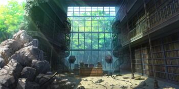 Rule 34 | artist request, book, book stack, bookshelf, cable, day, desk, dilapidated, game cg, highres, indoors, library, no humans, official art, rubble, scenery, spiral staircase, stairs, studio lights, sunlight, third-party source, tile floor, tiles, touhou, touhou lostword, tree, window