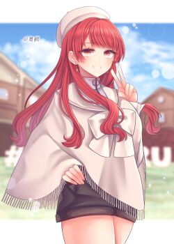 Rule 34 | 1girl, beret, blurry, blurry background, bow, cloud, day, earrings, grin, hand on own hip, hat, highres, jewelry, kantai collection, long hair, long sleeves, looking at viewer, nagi kantai114, nevada (kancolle), nevada (willer) (kancolle), outdoors, red eyes, red hair, shawl, simple background, skirt, sky, smile, solo, star (symbol), star earrings, v, white hat