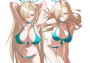 Rule 34 | 1girl, absurdres, armpits, arms behind head, asuna (blue archive), bikini, blonde hair, blue archive, blue bikini, blue eyes, blue halo, blush, breasts, choker, cleavage, collarbone, front-tie bikini top, front-tie top, grin, groin, hair over one eye, halo, highres, katagiri nanoka, large breasts, long hair, looking at viewer, mole, mole on breast, navel, smile, solo, swimsuit, thighs, v, very long hair