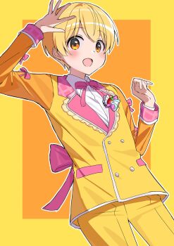 1boy arm_up back_bow blush bow cowboy_shot hand_up highres jacket kai_(shell) lapels long_sleeves looking_at_viewer male_focus notched_lapels open_mouth orange_eyes pants pink_bow root_(stpri) smile solo strawberry_prince yellow_jacket yellow_pants