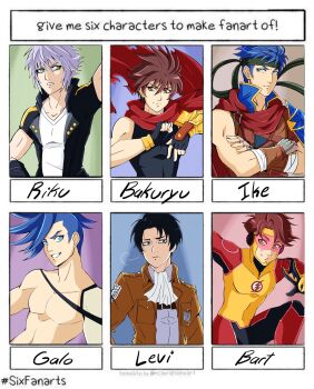 6+boys bart_allen black_hair bloody_roar brown_hair dc_comics english_text fire_emblem galo_thymos highres ike_(fire_emblem) kid_flash kingdom_hearts kingdom_hearts_iii multiple_boys multiple_drawing_challenge nintendo ogami_kenji promare shingeki_no_kyojin six_fanarts_challenge young_justice