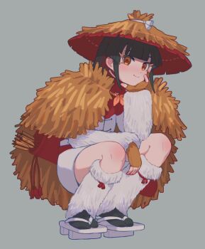 1girl ajirogasa arm_warmers arrow_(projectile) black_hair black_socks brown_eyes brown_gloves cape closed_mouth colored_inner_hair commentary_request fingerless_gloves full_body fur_arm_warmers fur_leg_warmers geta gloves grey_background hand_on_own_cheek hand_on_own_face hat head_rest highres hisuian_decidueye japanese_clothes kanafumi_(spindle) leg_warmers looking_at_viewer medium_hair multicolored_hair nintendo personification pokemon quiver red_hair red_hat shirt shorts simple_background smile socks solo squatting straw_cape tabi white_arm_warmers white_leg_warmers white_shirt white_shorts
