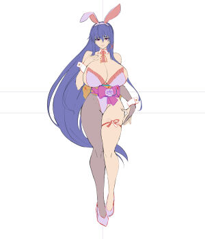 1girl :&gt; akiyama_rinko alternate_costume breasts ciilinp copyright_name curvy detached_collar highleg highleg_leotard highres huge_breasts leotard lilith-soft long_hair official_alternate_costume playboy_bunny purple_eyes revealing_clothes simple_background sketch smile standing strapless strapless_leotard taimanin_(series) taimanin_rpgx taimanin_yukikaze very_long_hair white_leotard wide_hips
