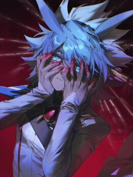 Rule 34 | 1boy, alien 888, antenna hair, bags under eyes, blood, blood on face, blood on hands, blue hair, coat, facial mark, green eyes, hair slicked back, hands on own face, headphones, highres, long sleeves, looking up, male focus, paint on hands, paint splatter, paint splatter on face, red background, single shoulder pad, sleeves past wrists, spiked hair, tearing up, upper body, white coat, yu-gi-oh!, yu-gi-oh! go rush!!, yudias velgear