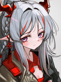 1girl arknights blush braid breasts cleavage closed_mouth commentary dragon_girl dragon_horns earrings grey_background grey_hair highres horns jewelry kari90909 long_hair multicolored_hair nian_(arknights) nian_(thunderbolt_director)_(arknights) official_alternate_costume pointy_ears portrait purple_eyes simple_background small_breasts solo split_mouth streaked_hair tassel tassel_earrings unamused
