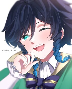 1boy aqua_eyes blue_bow blue_hair bow braid capelet commentary_request frilled_sleeves frills genshin_impact gradient_hair green_capelet hand_up highres long_sleeves looking_at_viewer male_focus multicolored_hair one_eye_closed open_mouth parted_bangs riria_mona1 short_hair_with_long_locks simple_background smile solo swept_bangs twin_braids upper_body venti_(genshin_impact) white_background