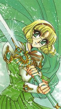 1990s_(style) 1girl armor armored_dress blonde_hair cape clamp dress female_focus glasses green_background green_eyes green_shirt green_skirt green_theme hairband hououji_fuu magic_knight_rayearth official_art retro_artstyle round_eyewear scan school_uniform shirt short_hair skirt solo sword weapon
