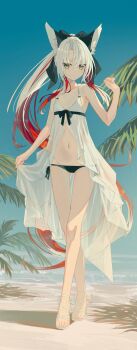 1girl absurdres animal_ear_fluff animal_ears beach bikini bikini_bottom_only black_bikini coconut_tree colored_inner_hair commentary_request fox_ears fox_girl hair_ribbon highres long_hair looking_at_viewer lowleg lowleg_bikini multicolored_hair nagishiro_mito ocean original outdoors palm_tree parted_bangs platform_sandals ponytail red_hair ribbon romaji_commentary sand sandals see-through_clothes sidelocks sky solo swimsuit tree very_long_hair water white_hair white_sandals