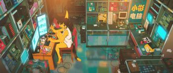 1girl absurdly_detailed_composition absurdres animal_ears aquablue1992 barefoot black_eyes black_hair black_tail box cable can cardboard_box cat_ears cat_girl cat_tail chair commentary computer computer_keyboard computer_mouse computer_tower cup desk drink_can english_commentary furry furry_female graphics_card hand_fan highres indoors instant_ramen loaded_interior looking_at_viewer monitor motherboard mug multicolored_tail original ponytail power_strip ram_(computer) reflective_floor shelf sitting sleeveless soda_can solo tail tank_top white_tank_top wide_shot yellow_tail