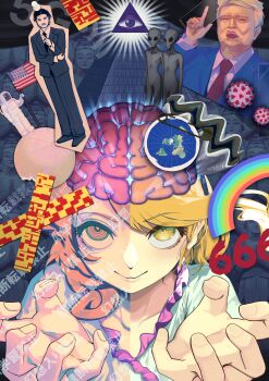 1girl 2boys 666 absurdres alien american_flag astronaut berabou blonde_hair brain buddha buddhism cellular_tower clam_shell clam_shell_ornament commentary_request coronavirus_pandemic donald_trump eye_of_providence flat_earth formal_clothes grey_alien hair_ornament highres illuminati moon multiple_boys rainbow real_life seki_akio shell shell_hair_ornament statue suit touhou watari_nina yellow_eyes