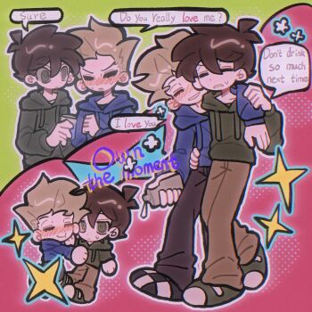 2boys alcohol animification arm_around_shoulder black_pants blue_hoodie blush brown_hair brown_pants checkered_shoes chibi clinging closed_eyes commentary cup drunk edd_(eddsworld) eddsworld english_text flask green_eyes green_hoodie green_shoes highres holding holding_cup holding_flask hollow_eyes hood hood_down hoodie immuir male_focus multiple_boys multiple_views outline pants pushing_away shoes short_hair sparkle speech_bubble spiked_hair sweatdrop symbol-only_commentary thick_lineart tom_(eddsworld) white_outline yaoi