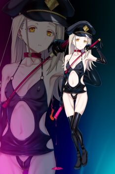 1girl bare_shoulders black_gloves black_hat black_panties black_shoes black_thighhighs blonde_hair bondage_outfit breasts candle collar collarbone covered_erect_nipples dominatrix earrings elbow_gloves gakuen_idolmaster gloves hat high_heels highres holding holding_candle idolmaster jewelry long_hair looking_at_viewer navel okuri_banto orange_eyes panties red_collar riding_crop shinosawa_hiro shoes small_breasts thighhighs underwear